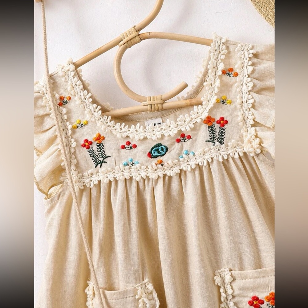 Floral Embroidered Linen Ruffle Smock Dress - Picture 5 of 7